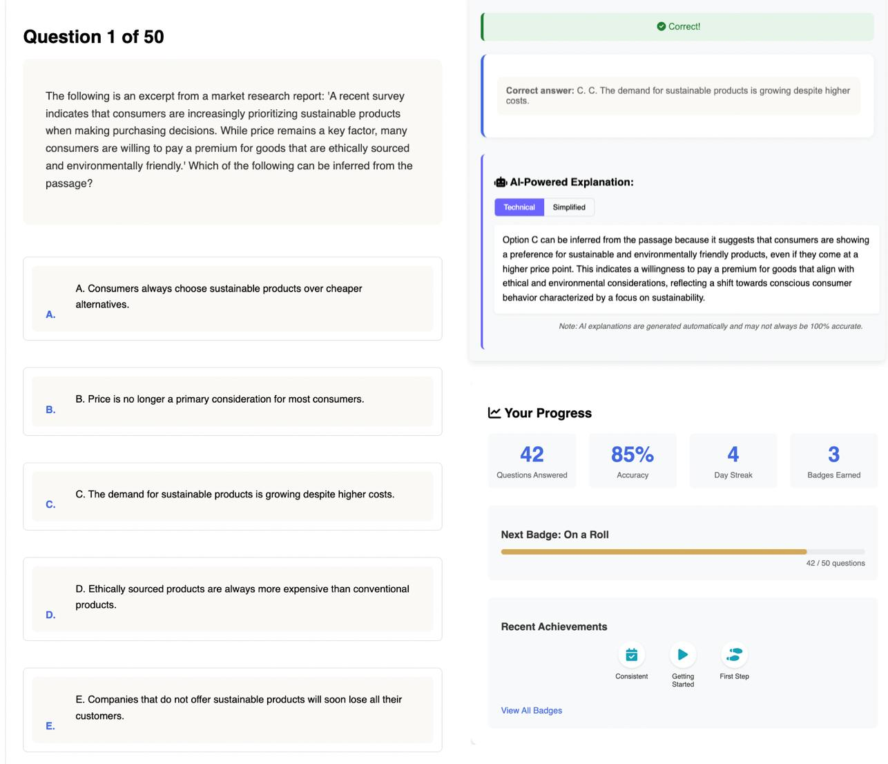 Sample question with AI-powered explanations